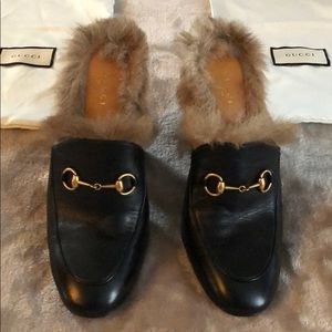 Gucci Princetown Fur-Lined High-Heel Mule, Black